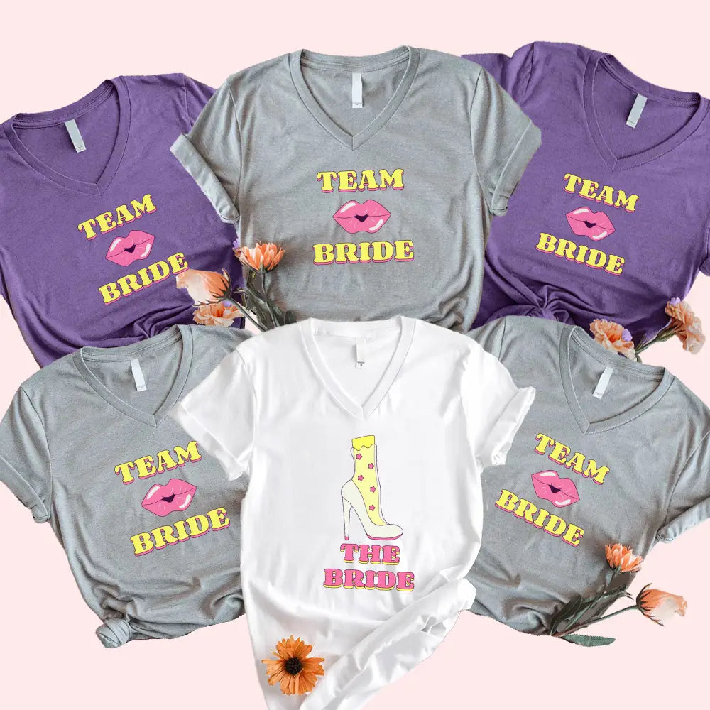 🍾 Team Bride & The Bride 💍 Bachelorette Party Matching V-Neck T-Shirts ...