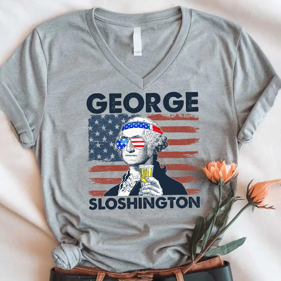 George Sloshington 4th of July Unisex V-Neck Shirt – Washington Drinking Party Tee