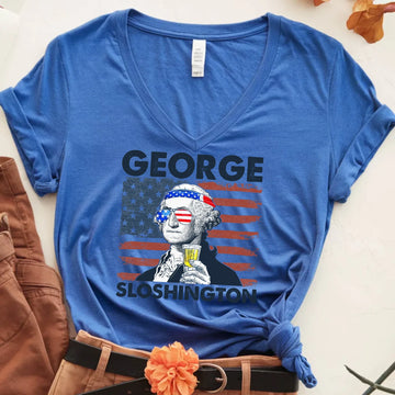 George Sloshington 4th of July Unisex V-Neck Shirt – Washington Drinking Party Tee - 0