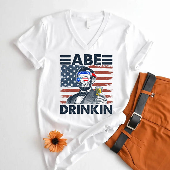 Abe Drinkin 4th of July Unisex V-Neck Shirt – Abraham Lincoln Patriotic Drinking Tee