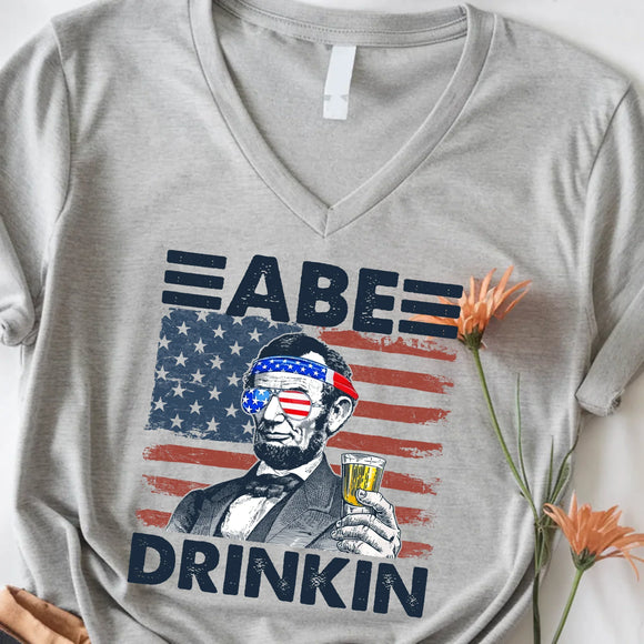 Abe Drinkin 4th of July Unisex V-Neck Shirt – Abraham Lincoln Patriotic Drinking Tee