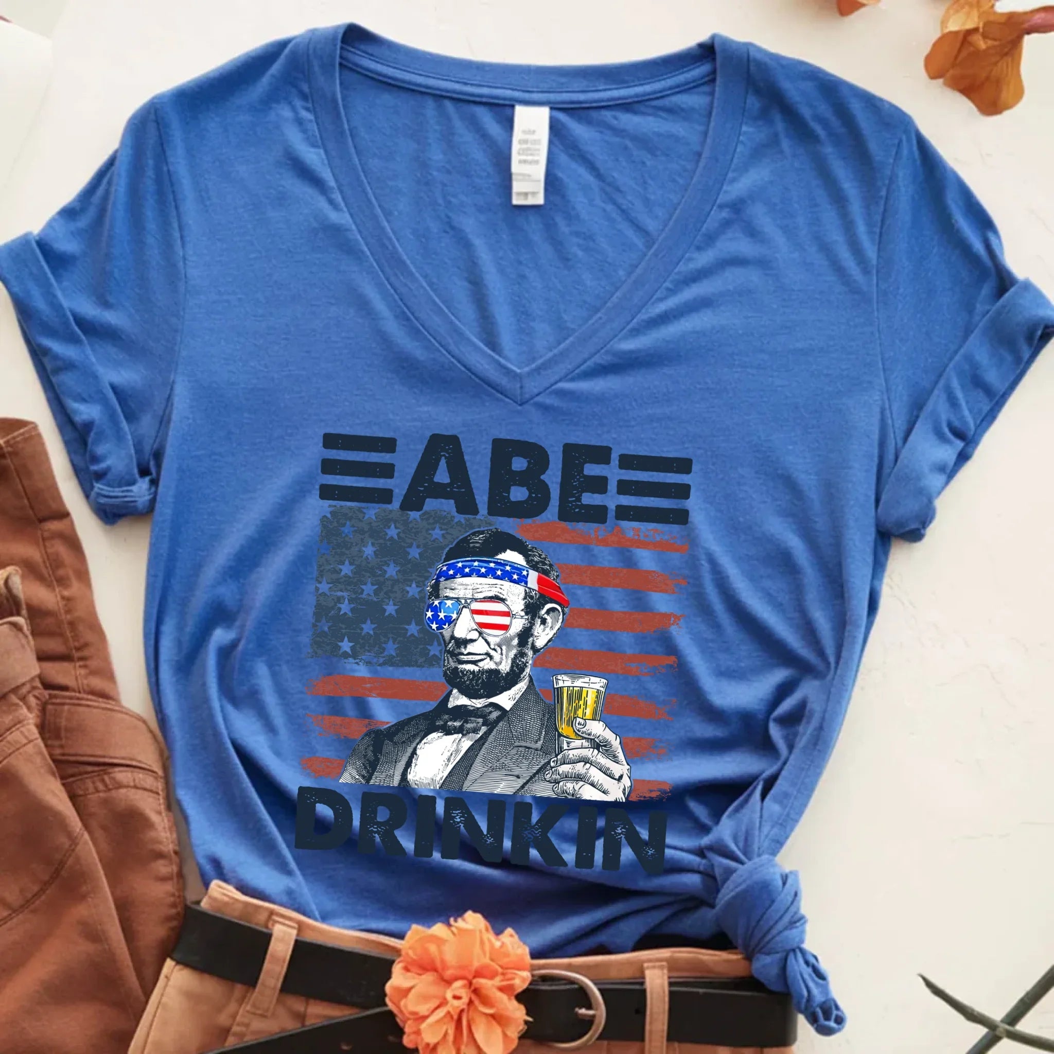 Abe Drinkin 4th of July Unisex V-Neck Shirt – Abraham Lincoln Patriotic Drinking Tee