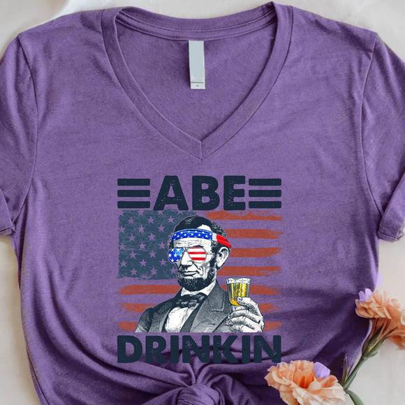 Abe Drinkin 4th of July Unisex V-Neck Shirt – Abraham Lincoln Patriotic Drinking Tee
