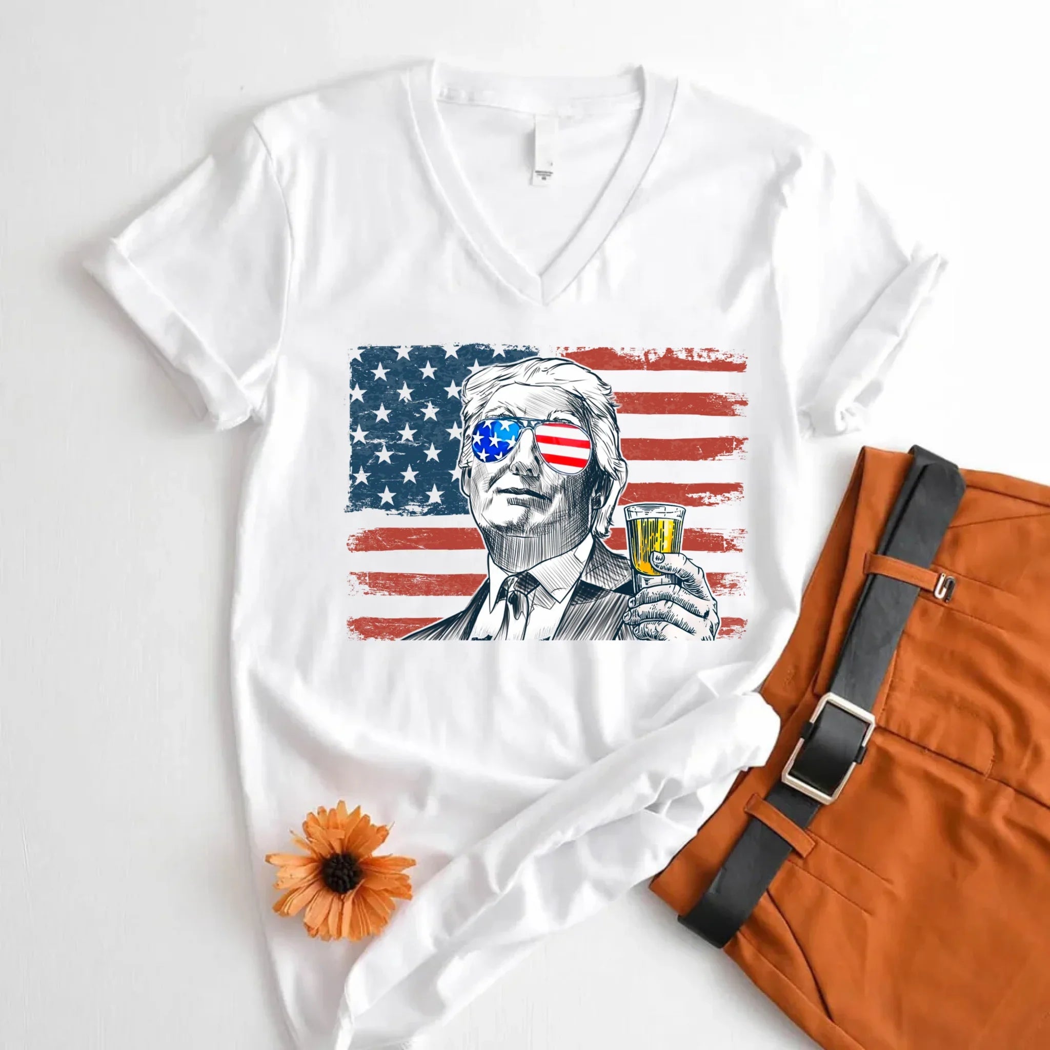 Donald Drunk 4th of July Unisex V-Neck Shirt – Funny Trump Drinking Tee