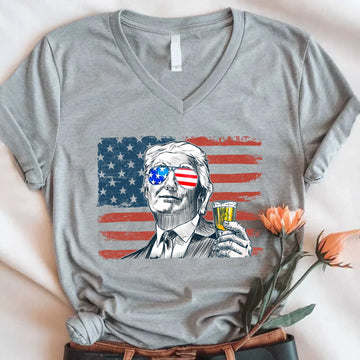 Donald Drunk 4th of July Unisex V-Neck Shirt – Funny Trump Drinking Tee - 0