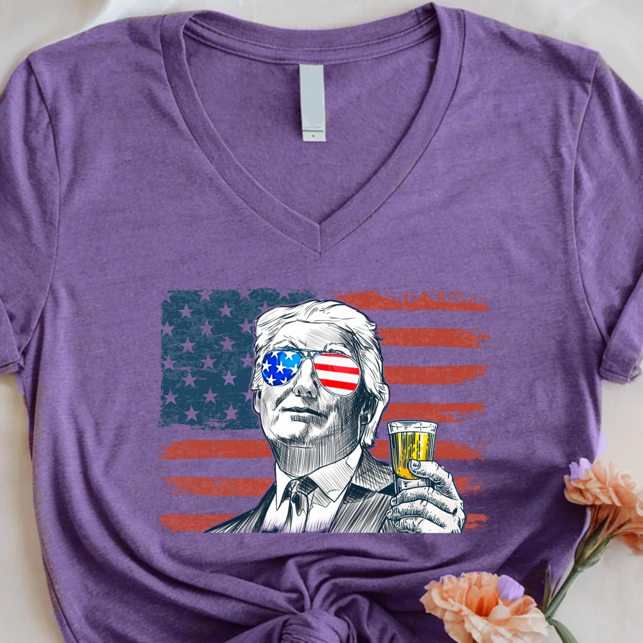 Donald Drunk 4th of July Unisex V-Neck Shirt – Funny Trump Drinking Tee