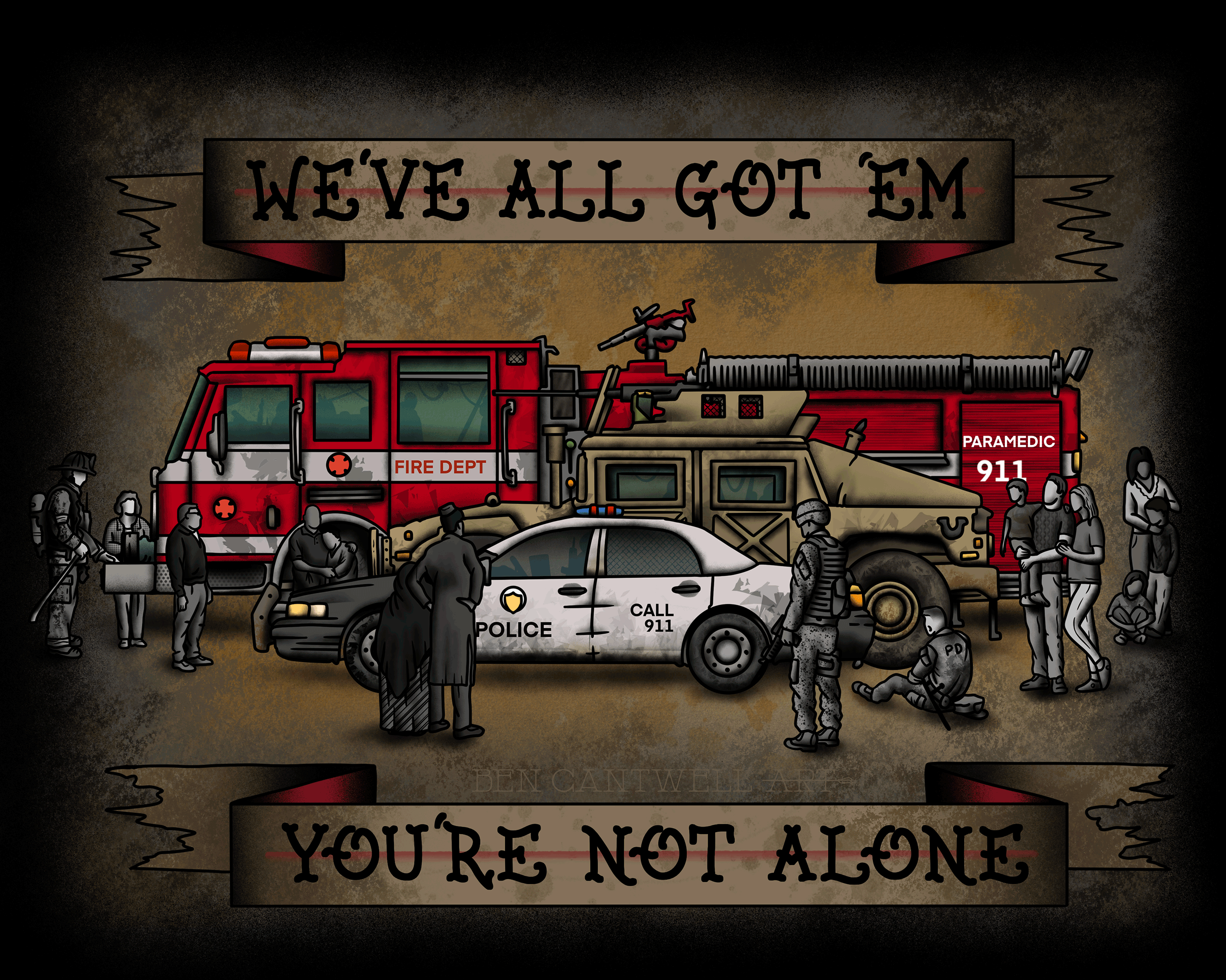 Ptsd ghosts with police car, Humvee and fire engine