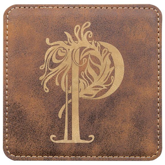 Coaster - Rustic/Gold Square Leatherette, 6 Coaster set with holder