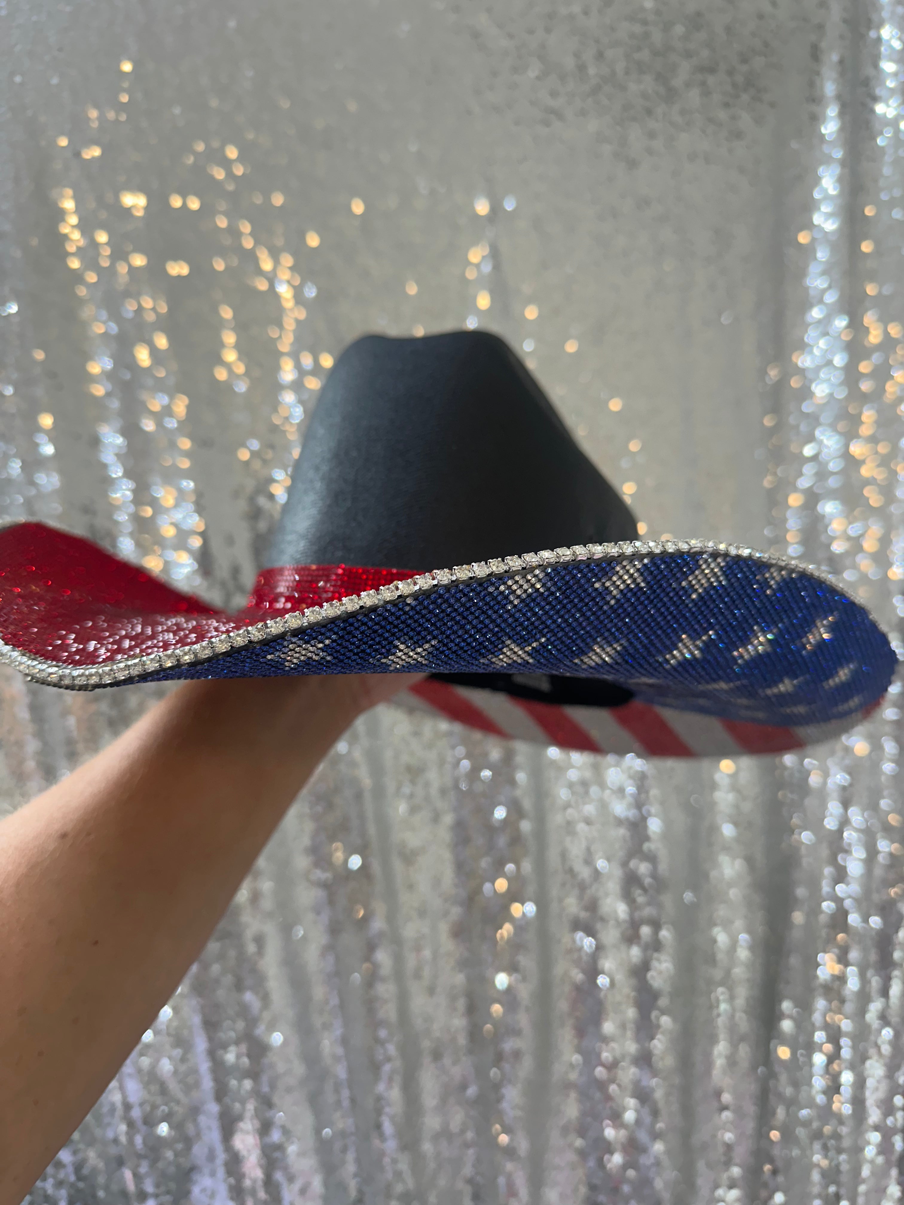 The "America" Hat in Black - Red Rhinestones on Top