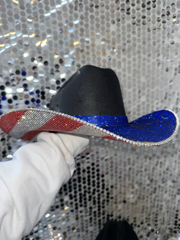 The "America" Hat in Black - Blue Rhinestones on Top