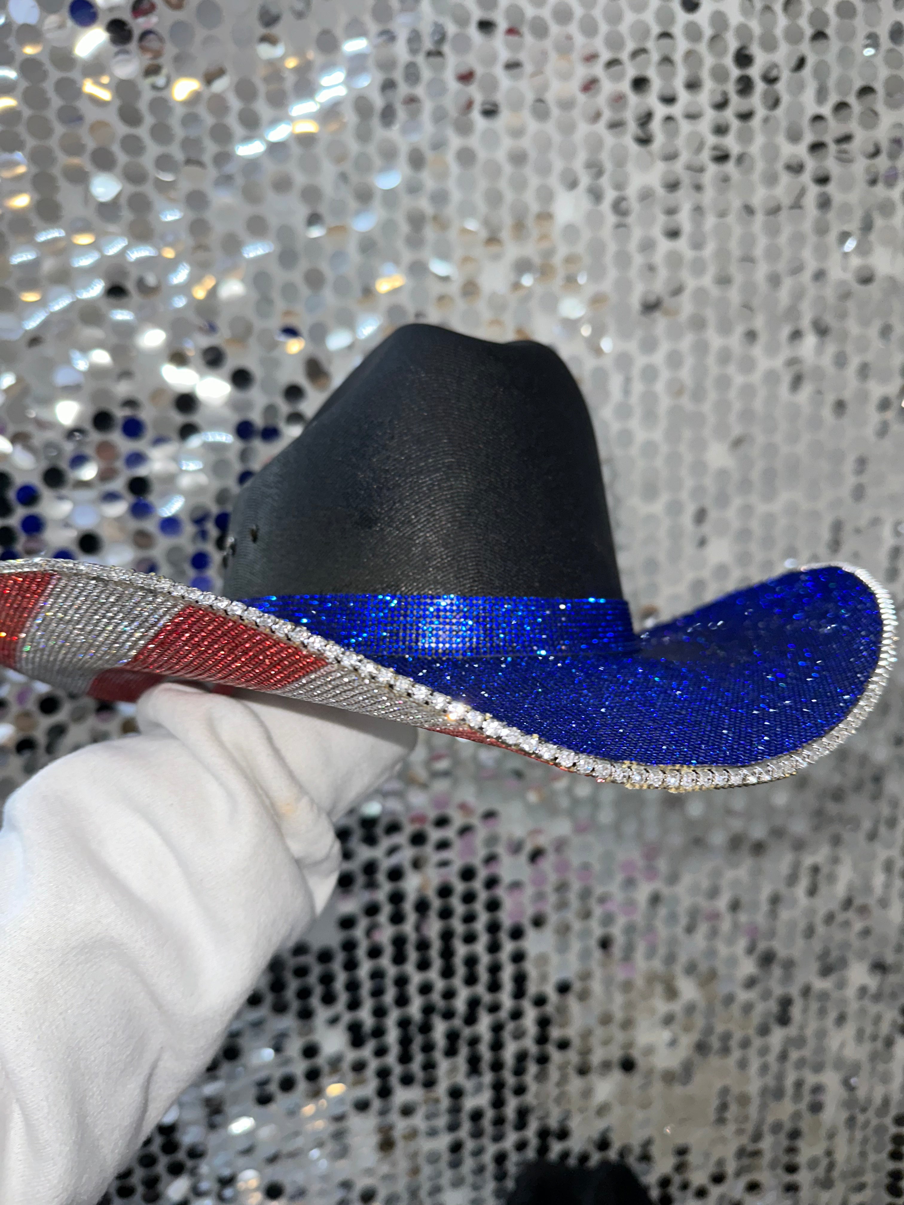 The "America" Hat in Black - Blue Rhinestones on Top