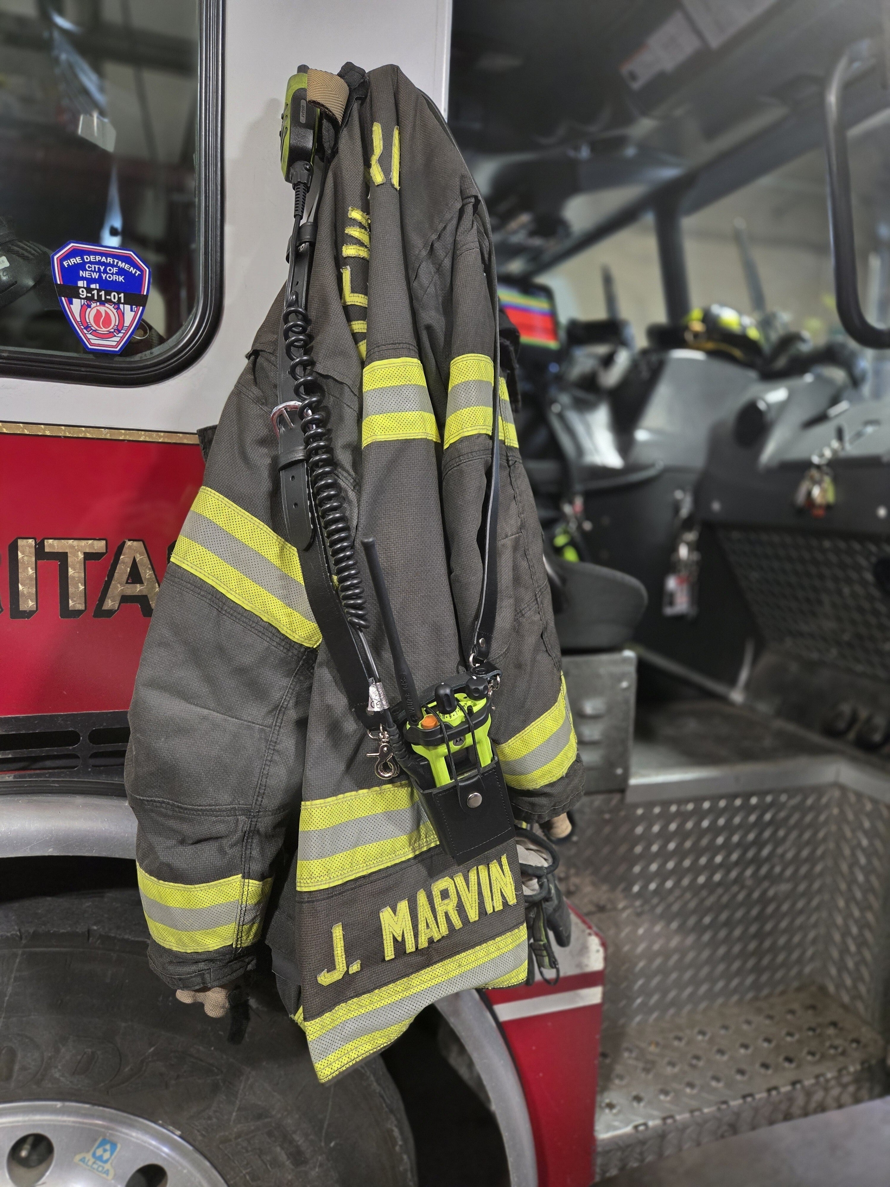 Firefighter Leather Radio Holster with Belt, Strap, Anti-Sway Strap, and Mic Loops. Perfect for Firefighters, EMT, Police