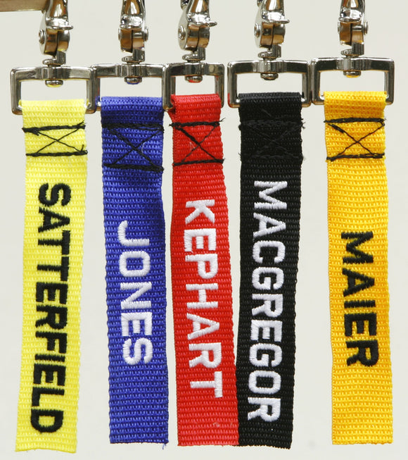 Embroidered Name Tag on 1 Inch Webbing with Clam Clip